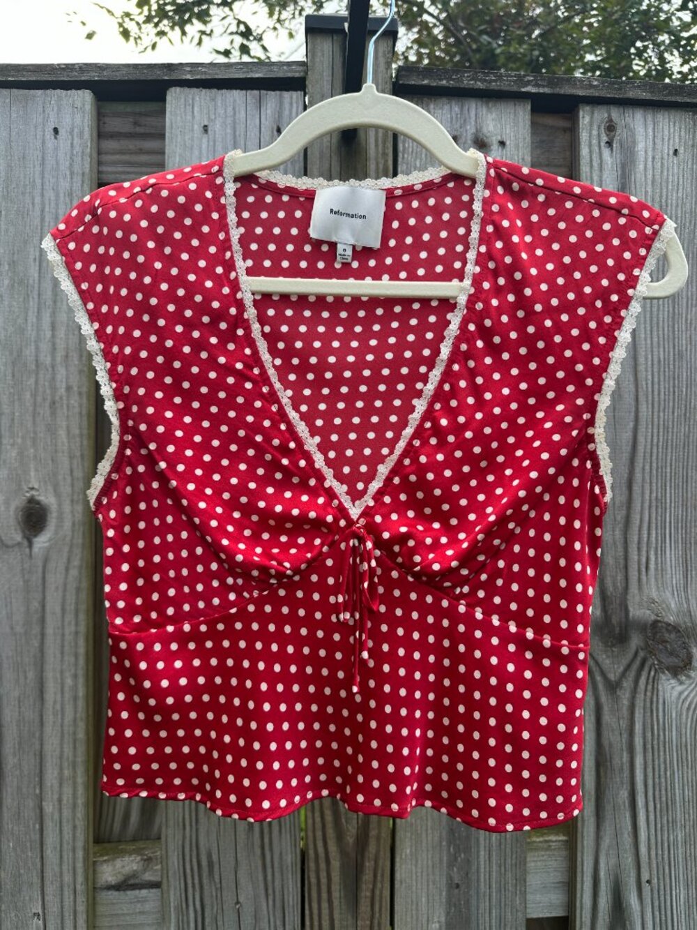 Reformation Cherry Silk Top Becky Dot Red Polka Dot V-Neck Romantic 0